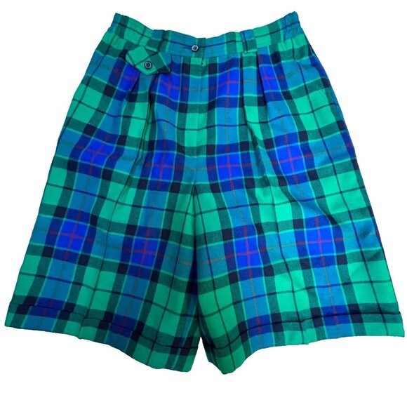 Vintage Giorgio Sant 'Angelo Womens 14 Pure Wool Plaid Pleated Short Blue/Green